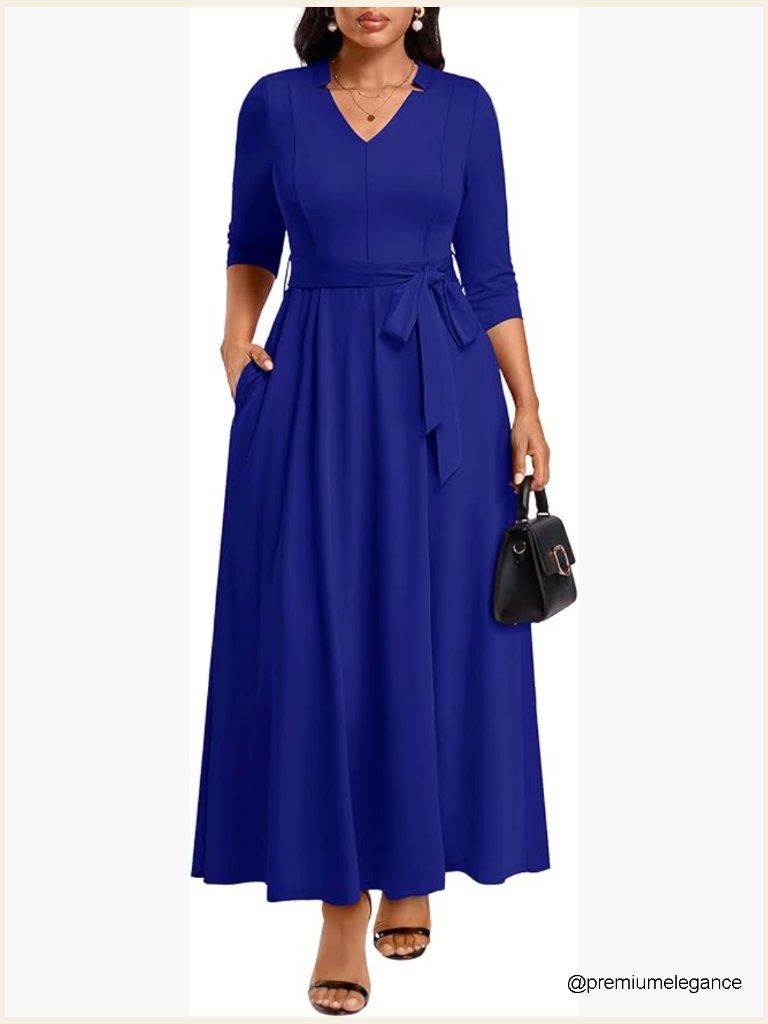 V Neck 3/4 Sleeve Flowy Maxi Dress With Belt